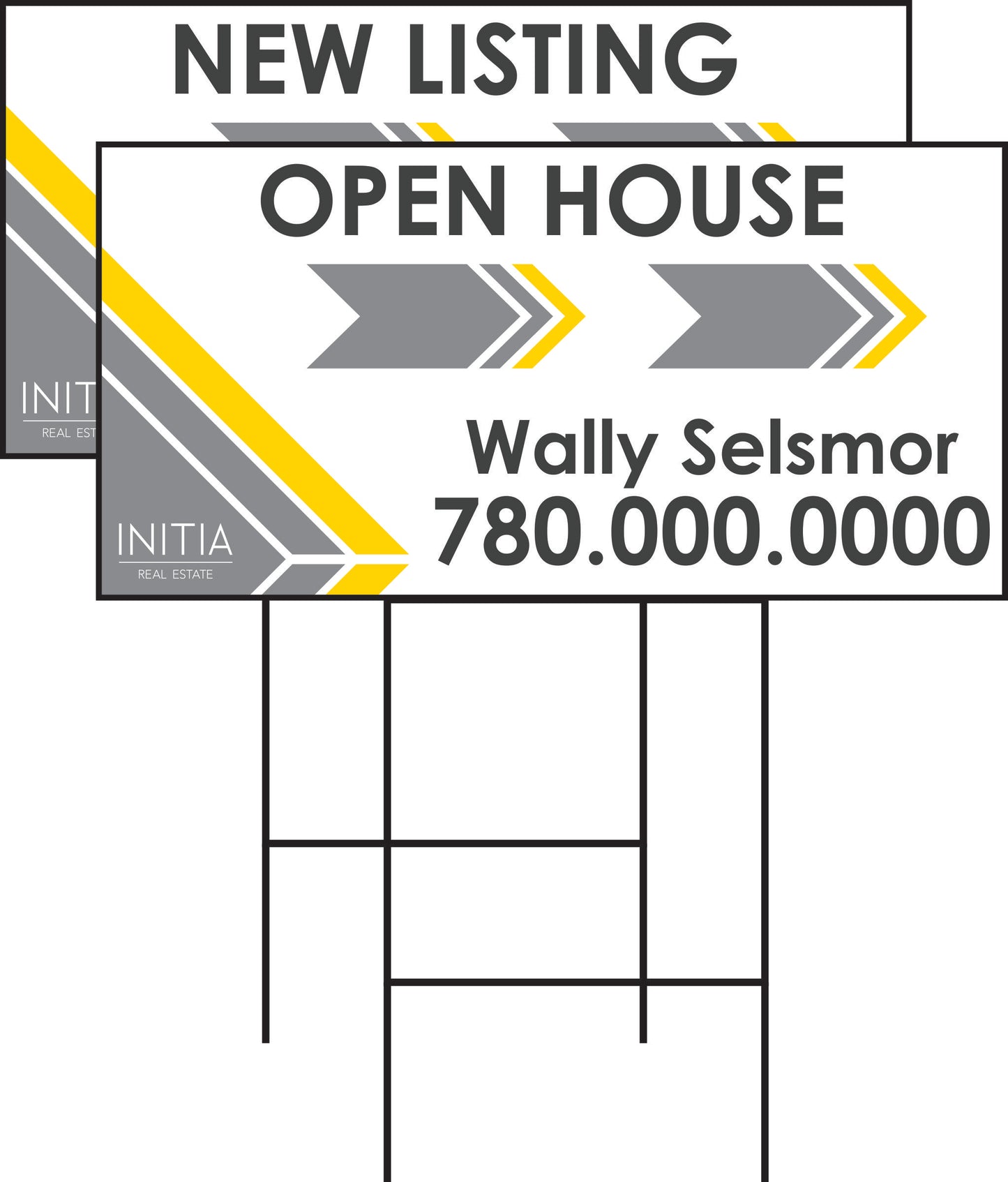 Initia Real Estate directional Open House New Listing yardsign with step stake